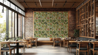 Botanical wallpaper with tropical touches in a gentle color palette.

