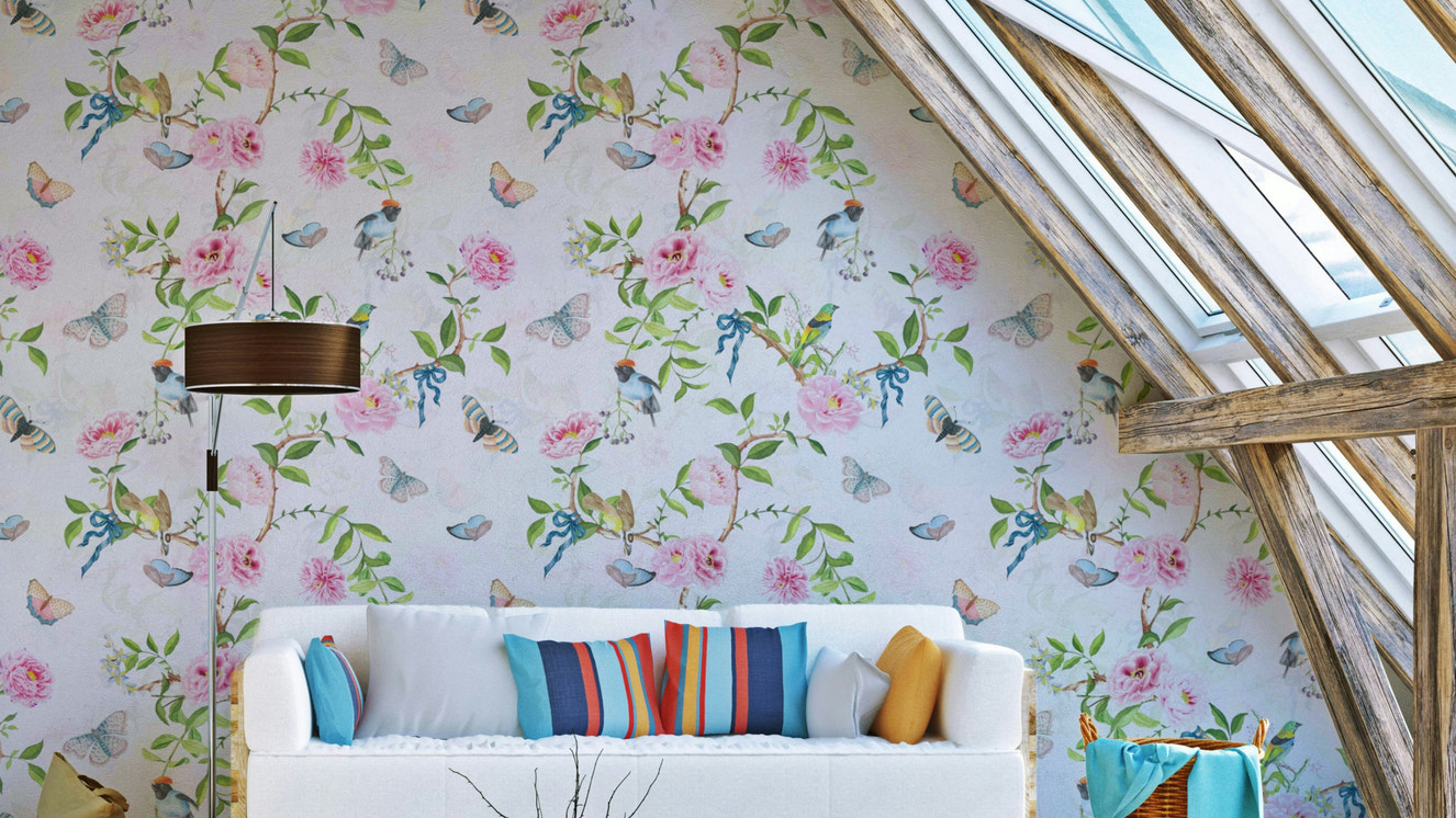 Enchanted Garden Escape Wallpaper with birds and blooming branches.

