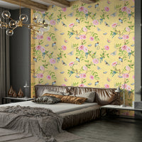 Wallpaper with pink flowers, green leaves, and soft yellow base.

