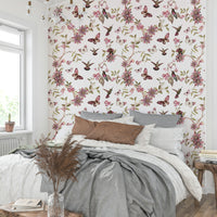 Enchanted wallpaper with richly illustrated flora and fauna.

