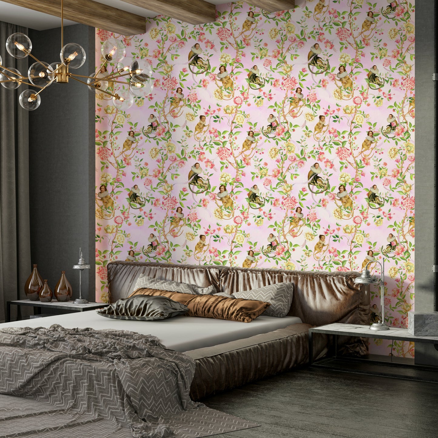 Floral wallpaper with cheeky monkeys and whimsical charm.

