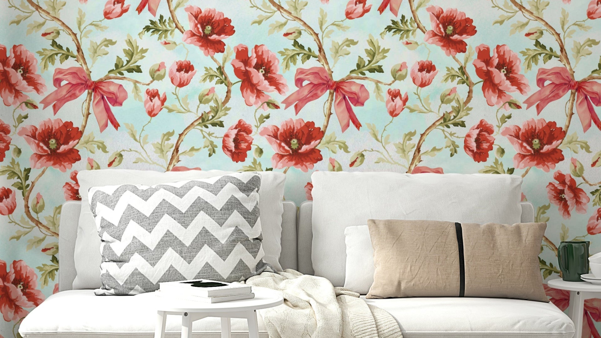 Crimson Preppy Ribbons \u0026 Poppies Wallpaper – Bold Floral Mural, image size:1920x1080