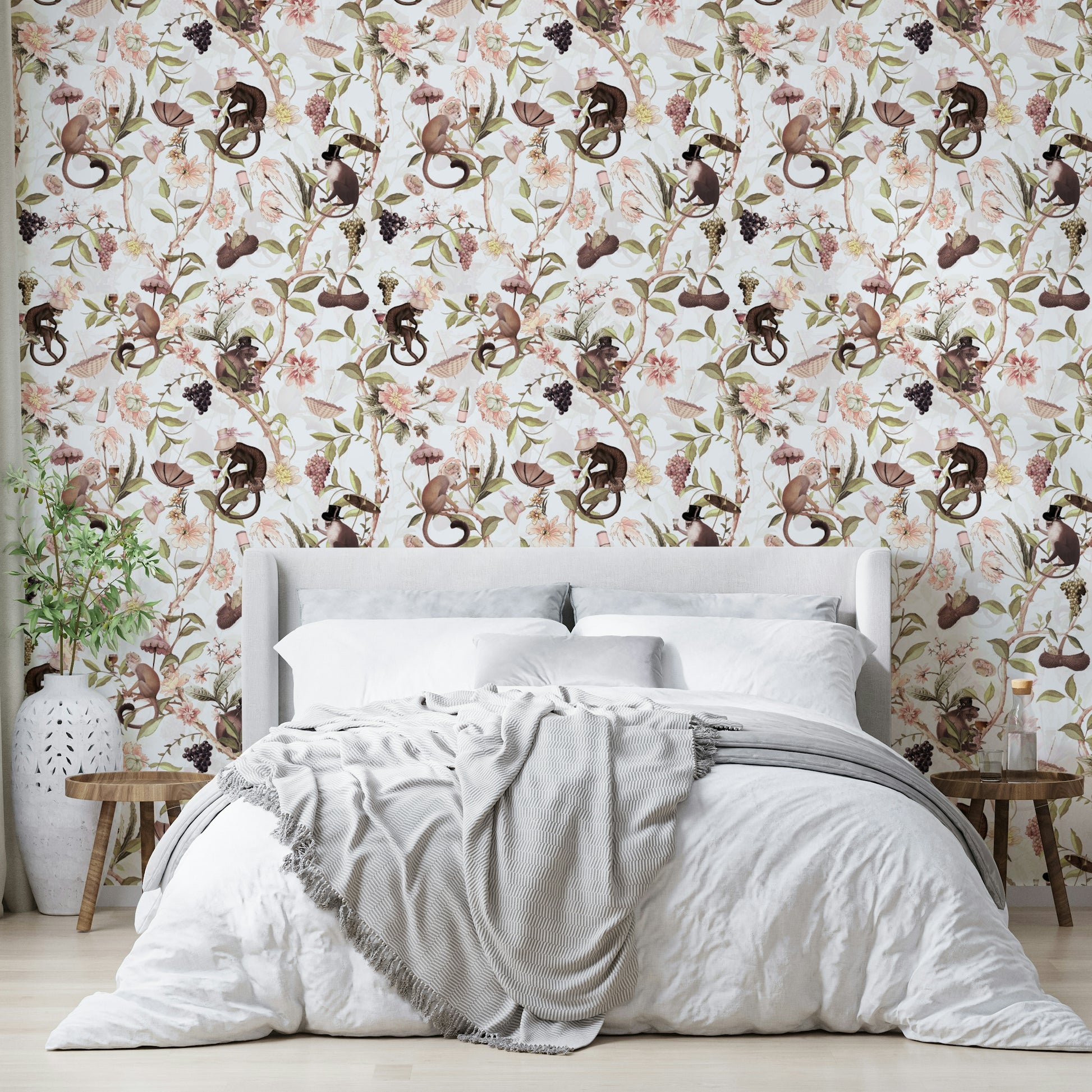 Chinoiserie-style mural with tea party elements and cheeky monkeys.

