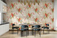 Whimsical wallpaper with blooming rose clusters and leafy details.

