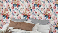 Blush Rose & Stripe Wallpaper with pink roses on blue and white stripes.

