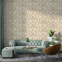 Wallpaper with romantic 18th-century floral motifs and pastel tones.

