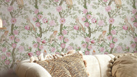 Blush Blossom & Bird Paradise Wallpaper with blush peonies and birds.

