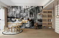 Mural wallpaper with urban art and bold text

