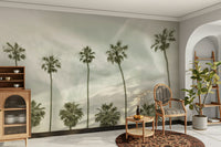 Palm tree wall mural in retro style adding calm and warmth.

