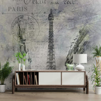 Eiffel Tower mural with vintage Parisian overlays

