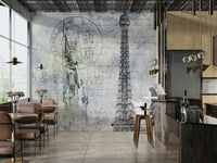 Musical Paris collage mural in grayscale tones

