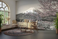 Cherry blossom mural with snow-capped Mount Fuji

