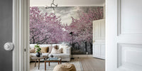Mural wallpaper showing walkway under cherry blossoms

