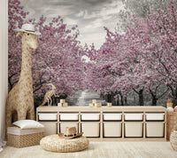 Serene cherry blossom scene mural for home walls

