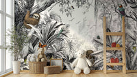 Intricate jungle foliage in black and white for modern interiors.

