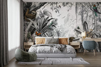 Sleek black-and-white jungle mural for a dramatic home design.

