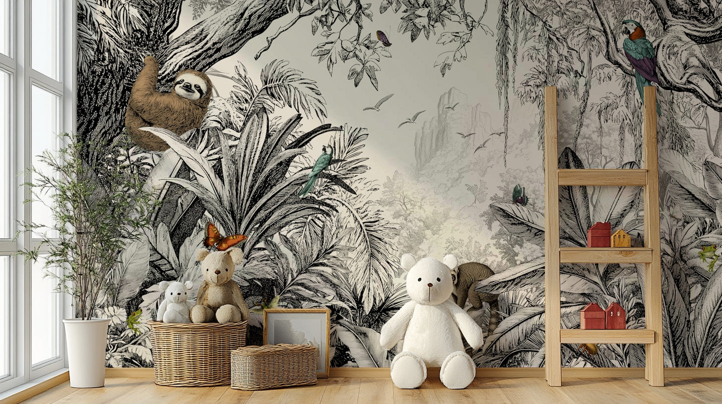 Bold black and off-white jungle mural for modern room decor.

