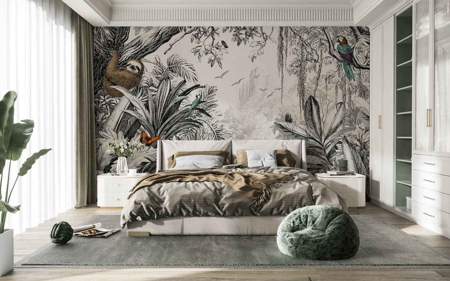Jungle Vista mural with off-white and black tones for dramatic decor.

