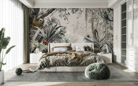 Jungle Vista mural with off-white and black tones for dramatic decor.

