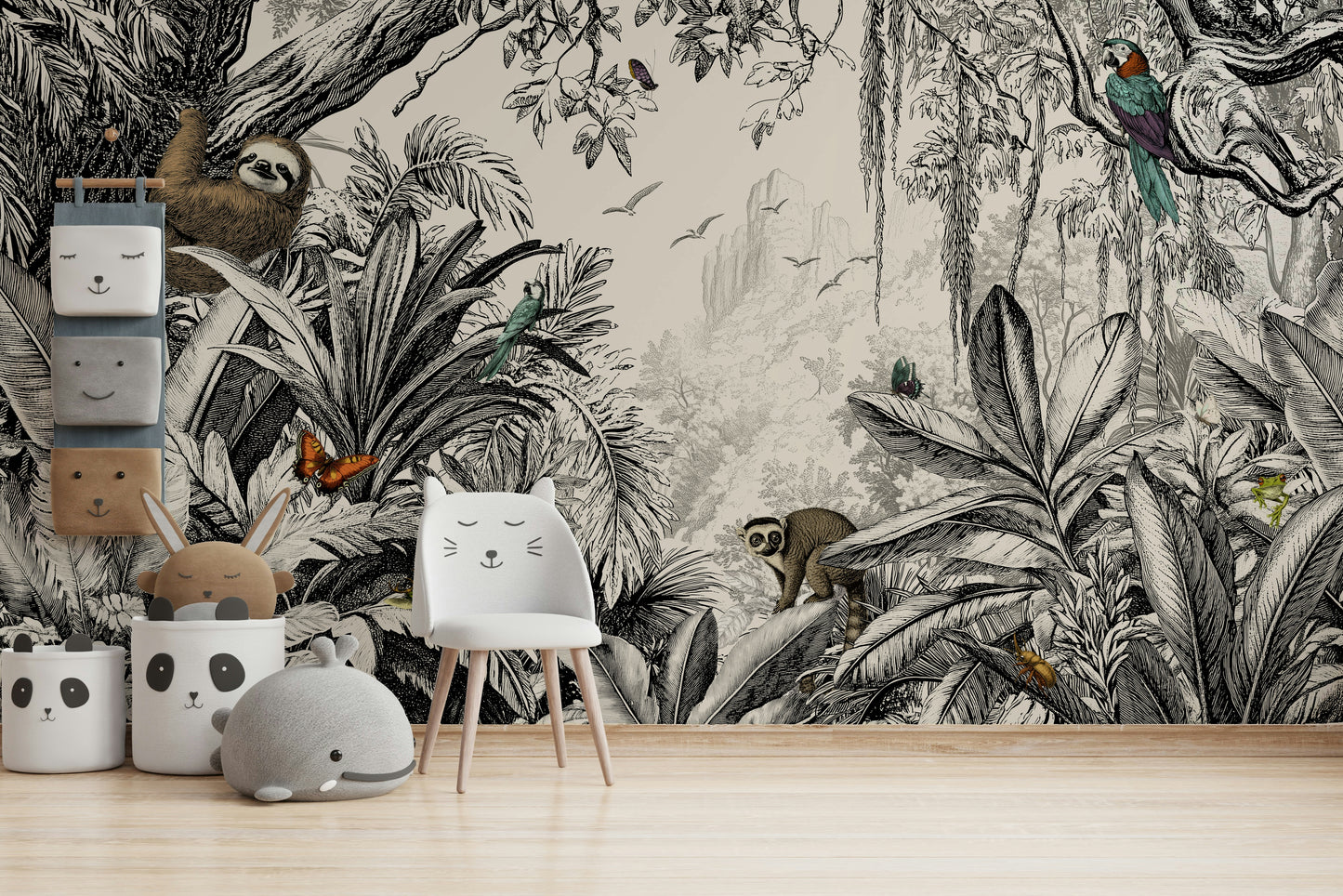 Black and off-white jungle mural for bold, modern interiors.

