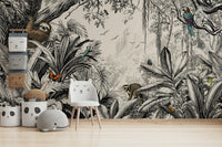 Black and off-white jungle mural for bold, modern interiors.


