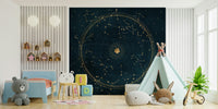 Celestial astro wheel mural in deep petrol blue tones for modern rooms.

