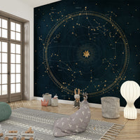Petrol Astro Wheel Wall Mural with astrological wheel design.

