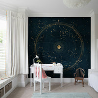 Petrol blue astro wheel mural for astrology-inspired room decor.

