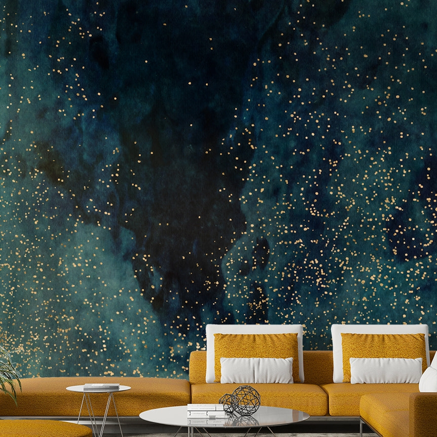 Petrol Galaxy Wall Mural with swirling blue and starry design.

