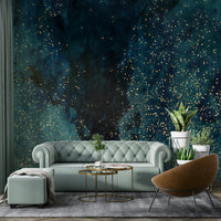 Swirling galaxy mural in petrol blue tones for modern decor.

