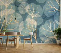Cyanotype-inspired leaf mural in rich blue tones for serene decor.

