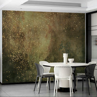 Elegant olive galaxy mural with swirling cosmic patterns.

