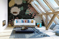 Midnight chrysanthemums wall mural for elegant home decor.

