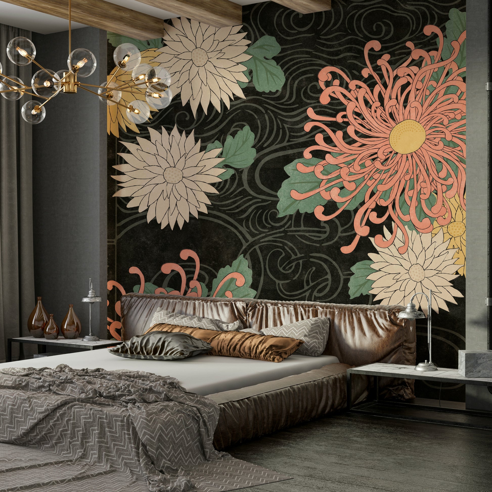 Sophisticated floral design in dark tones for a calm atmosphere.

