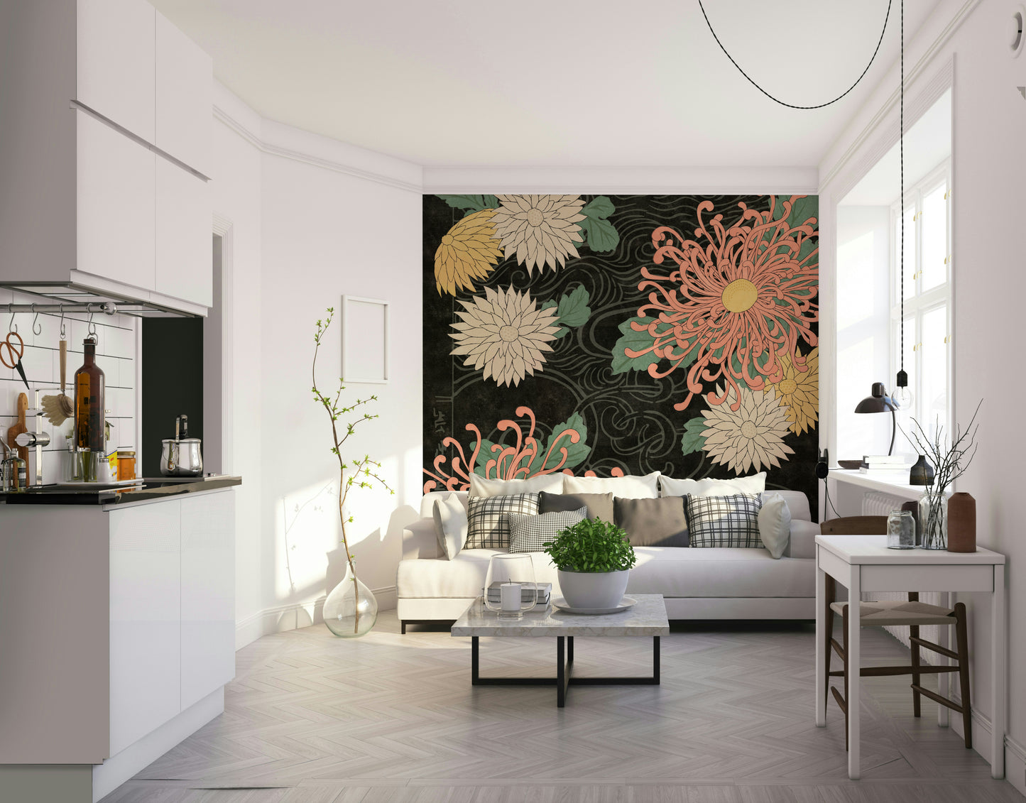 Japanese-inspired floral print mural with rich chrysanthemum flowers.

