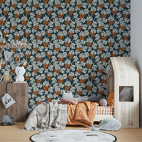 Rich blue Mediterranean wallpaper with grapevine patterns.

