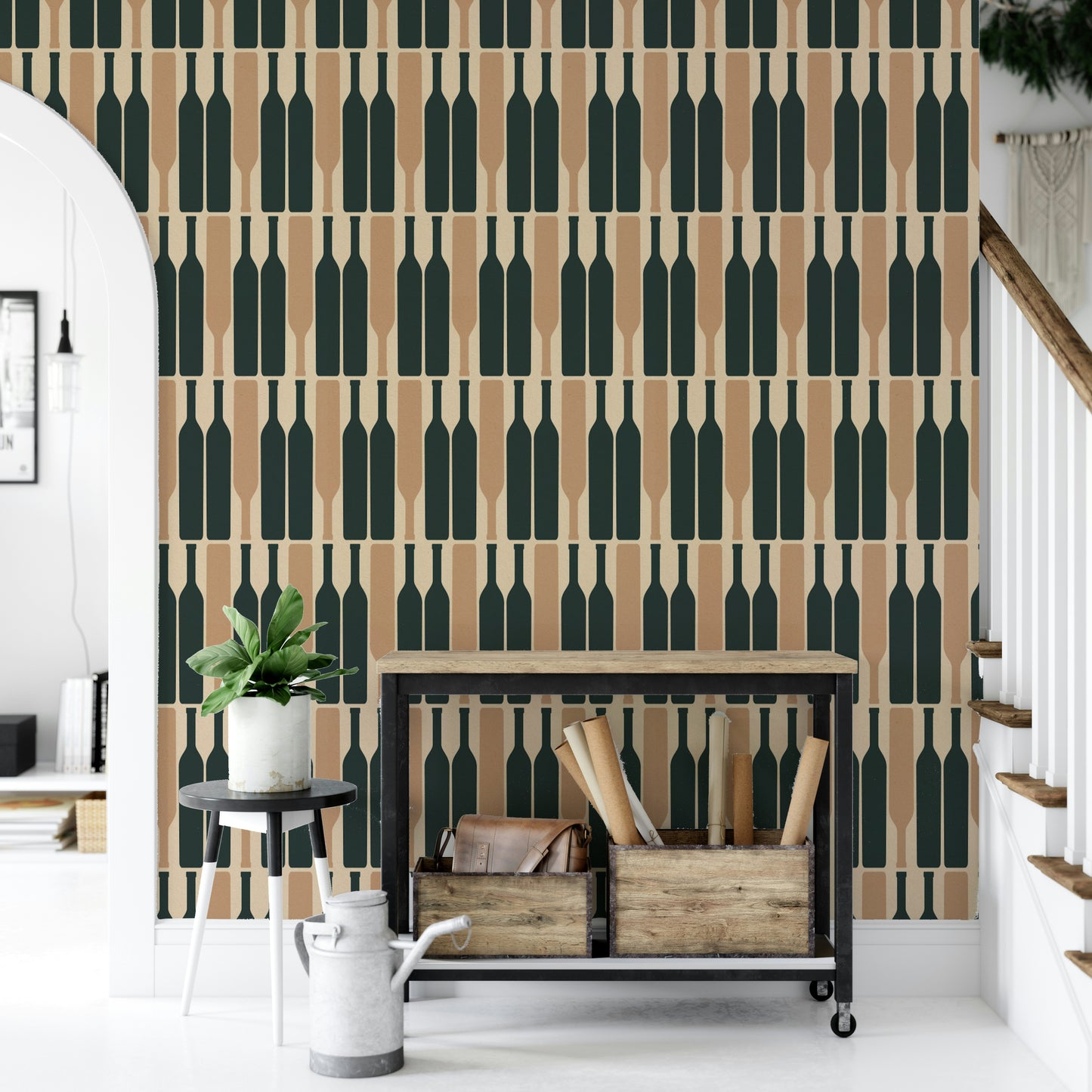 Elegant wine cellar blue wallpaper with geometric design.

