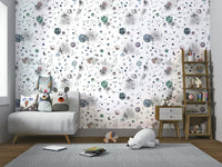 Astronomy-inspired wallpaper featuring planets and galaxies on a dark background.

