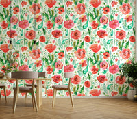 Wallpaper with delicate watercolor poppies and nature-inspired plants.

