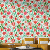 Spring Poppies Nature Watercolor Plants Wallpaper with vibrant red poppies and green foliage.

