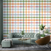 Wallpaper featuring a classic gingham pattern with soft pastel hues.

