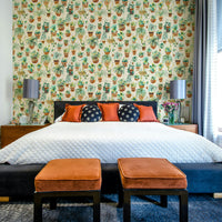 Succulent-themed wallpaper with modern pots and fresh green plants.

