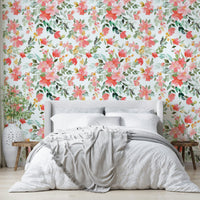 Oleander floral wallpaper in coral with soft pastel accents.

