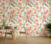 Wallpaper with vivid coral flowers and lively botanical elements.

