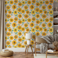 White wallpaper with soft yellow sunflowers in rustic style.

