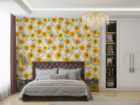 Cottage-style wallpaper featuring bright sunflower illustrations.

