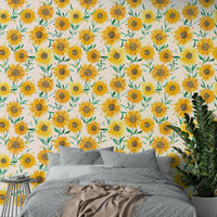 Bright sunflower wallpaper for a cozy, farmhouse-inspired look.

