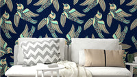Birds flying on a calming mint, beige, and blue background for serene spaces.

