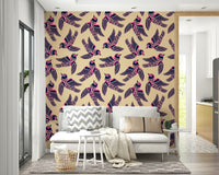 Wallpaper with artistic bird silhouettes in deep pink and blue hues.


