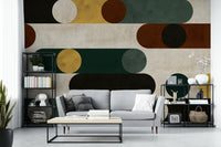 Wallpaper mural with bold graphic circles and lines in dynamic arrangement.

